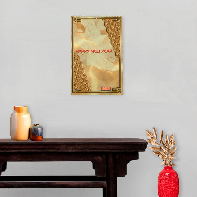 Calendario Oro Rojo Verde 12 Rótulos zodiacos chinos Año Nuev (Cover)