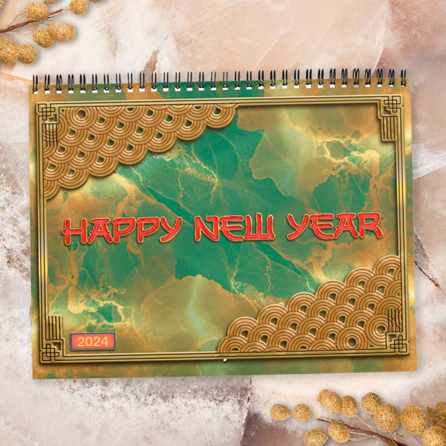 Calendario Oro rojo verde esmeralda 12 Rótulos zodiacos chino (Cover)