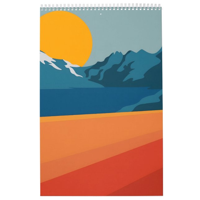 Calendario Paisaje Rojo y Azul de Montaña - Adentro Retro al  (Tapa)