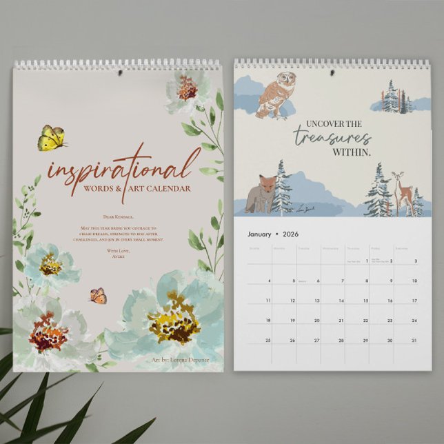 Calendario Palabras inspiradoras y arte 2026 personalizado (Personalized Inspirational 2026 Words & art calendar with watercolor designs by Lorena Depante.)
