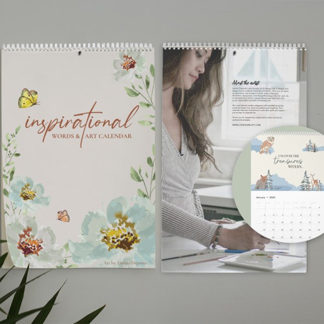 Calendario Palabras inspiradoras y citas inspiradas por la na (Calendar front and back about artist bio with inset of calendar interior page.)