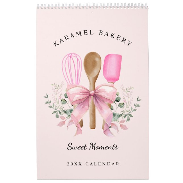 Calendario Panadería de Utensilios de Bow rosa acuarela (Tapa)