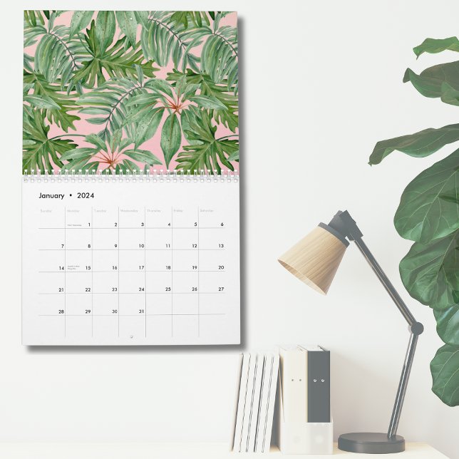 Calendario Pared de hojas tropicales rosa moderno simple (Simple Modern Pink Palm Leaf Tropical Floral Wall Calendar)