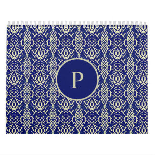 Calendario Patrón de Damasco Azul de la Marina Decorativa