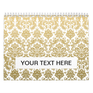 Calendario Patrón de Damasco elegante dorado y blanco
