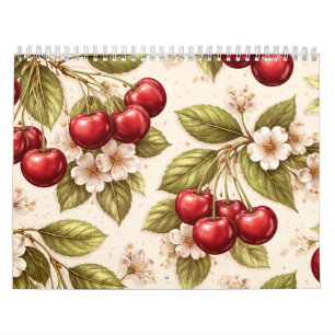Calendario Patrón de flor de cerezo vintage con cerezas rojas