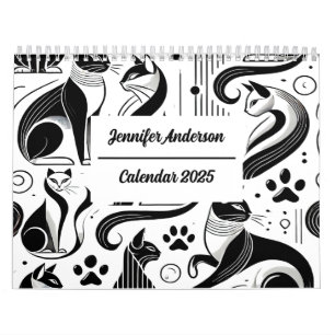 Calendario Patrón de gato chic negro y blanco 