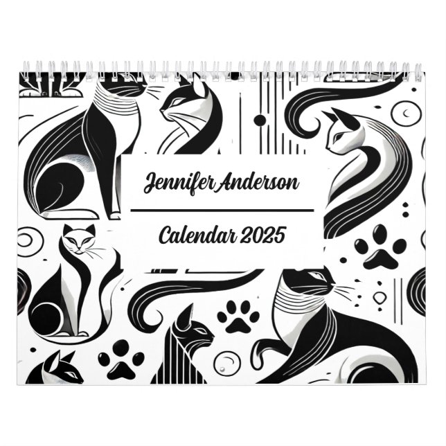 Calendario Patrón de gato chic negro y blanco  (Tapa)