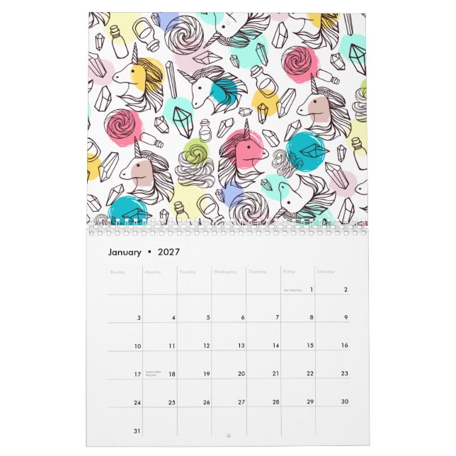 Calendario Patrón de unicornio de Bonito corto (Jan 2027)