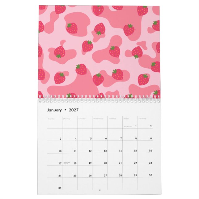 Calendario Patrón de vaca de fresa de Kawaii (Jan 2027)
