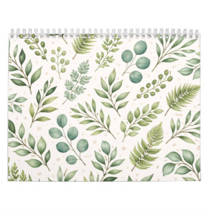 Calendario Patrón de Vegetación en Acuarela Hojas Botánicas