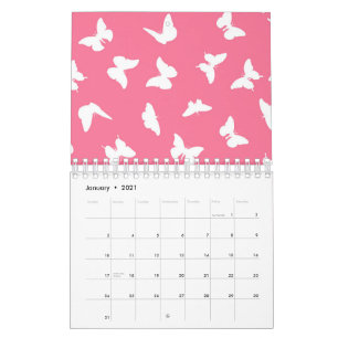 Calendario Patrón estético de fondo rosado de mariposa blan