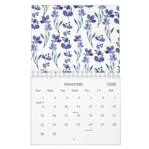 Calendario Patrón floral azul acuarela 2026