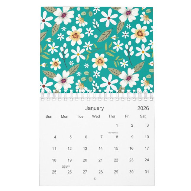 Calendario Patrón floral blanco dibujado a mano 2026 (Jan 2026)