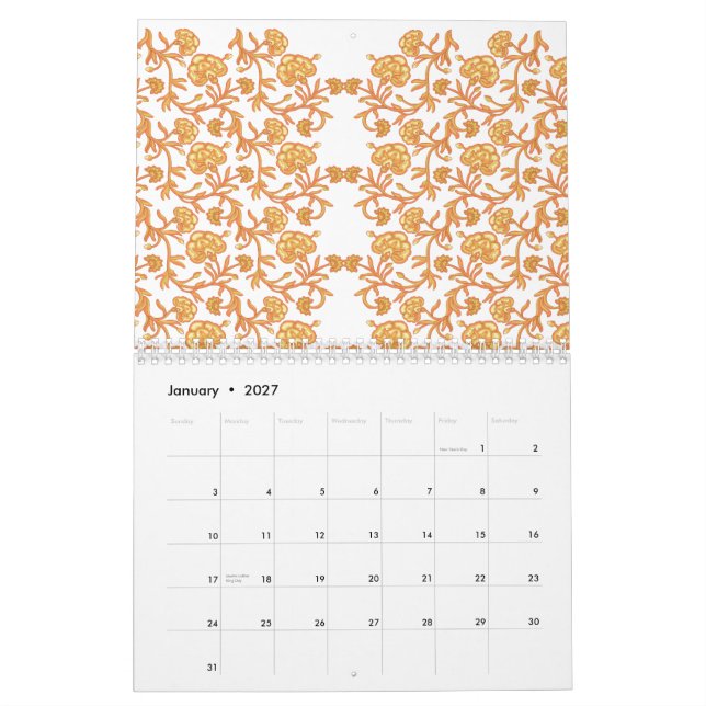 Calendario Patrón floral simétrico con motivos naranjas (Jan 2027)