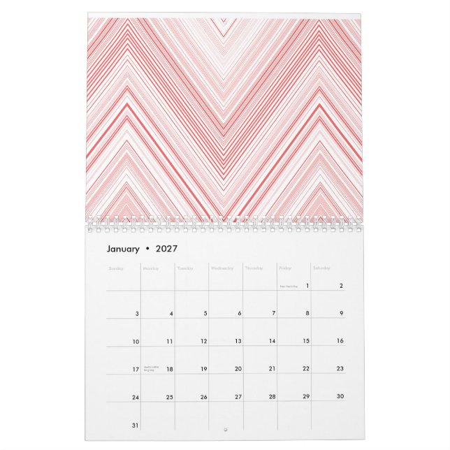 Calendario Patrón simétrico con moti rojo y rosa (Jan 2027)