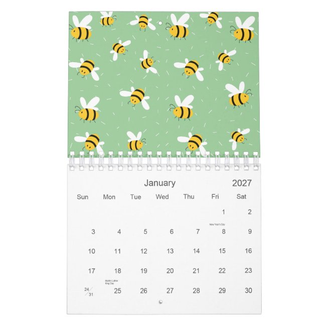 Calendario Patrón verde de abeja de burbujas de miel 2026 (Jan 2027)