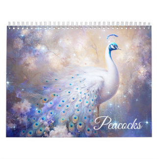 Calendario Pavos reales blancos de fantasía en estilo abstrac