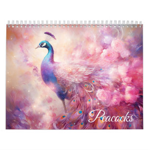 Calendario Pavos reales rosados de fantasía en estilo abstrac