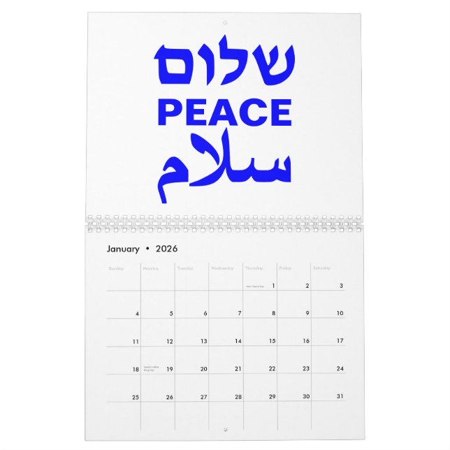 Calendario Peace Shalom Salaam Tipografía azul cobalto blanco (Jan 2026)