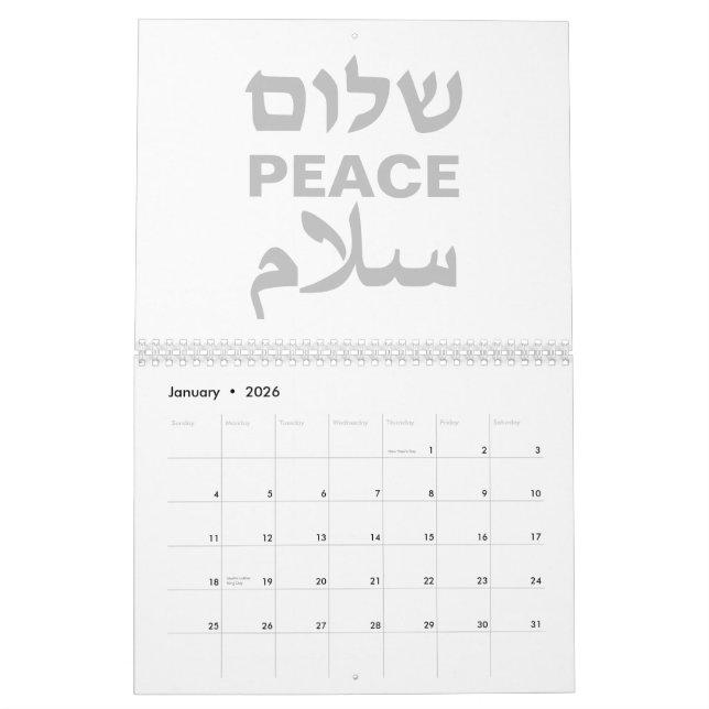 Calendario Peace Shalom Salaam tipografía moderna gris blanco (Jan 2026)