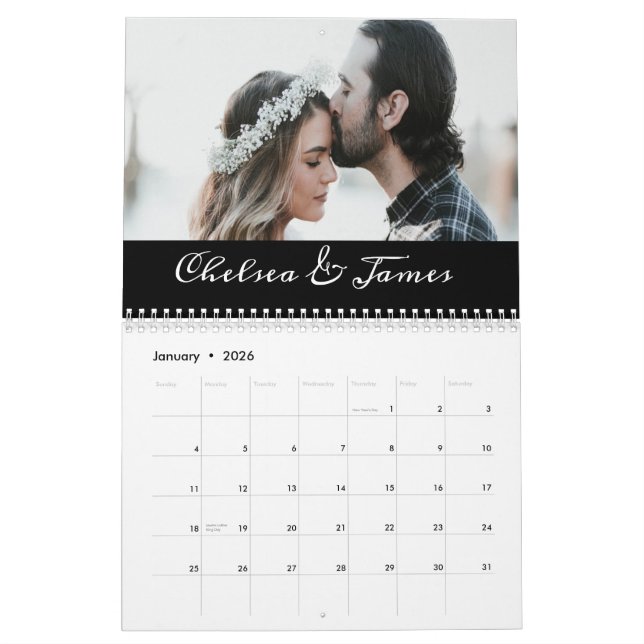Calendario Personalizado Black Elegant Calligraphy Couple Pho (Jan 2026)