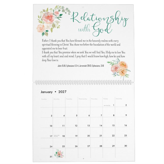 Calendario Personalizado de flores de Biblia Verse Prayer (Jan 2027)