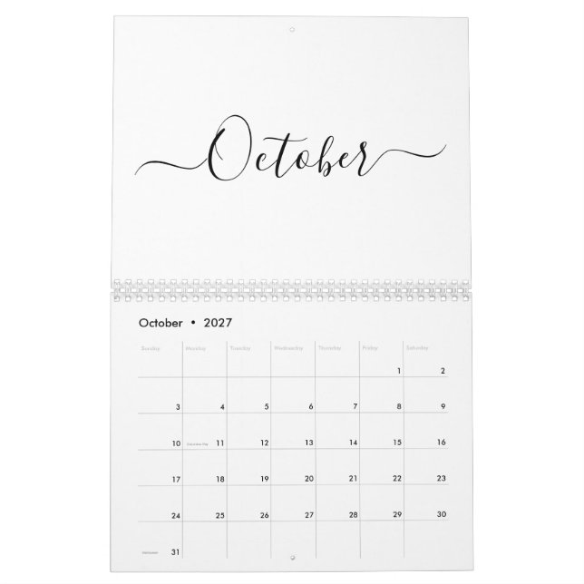 Calendario Personalizado de mes de escritura blanca y negra m (Oct 2027)
