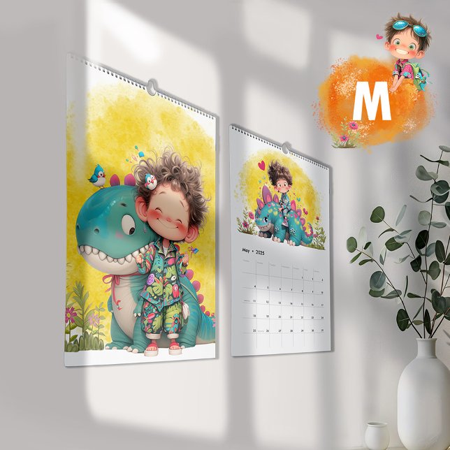 Calendario personalizado de Quirky Boy y Dinosaurio 2025 (Quirky Boy & Dinosaur Cartoon Calendar- Medium)