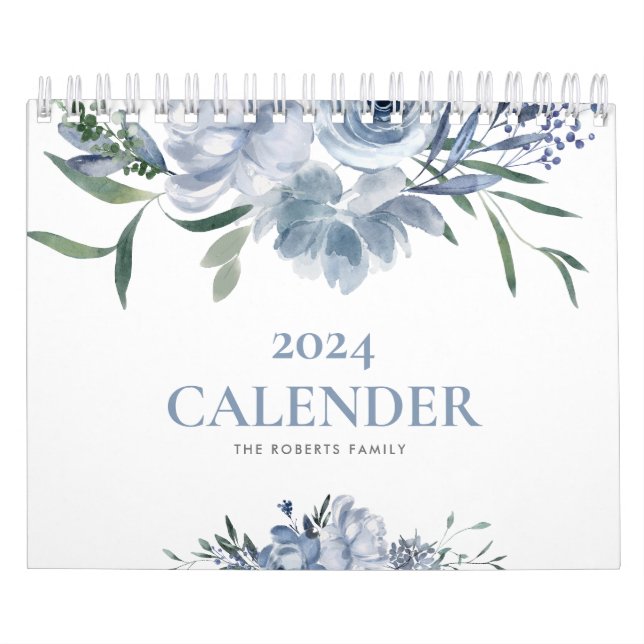 Calendario personalizado floral azul moderno foto 2024 calend (Tapa)