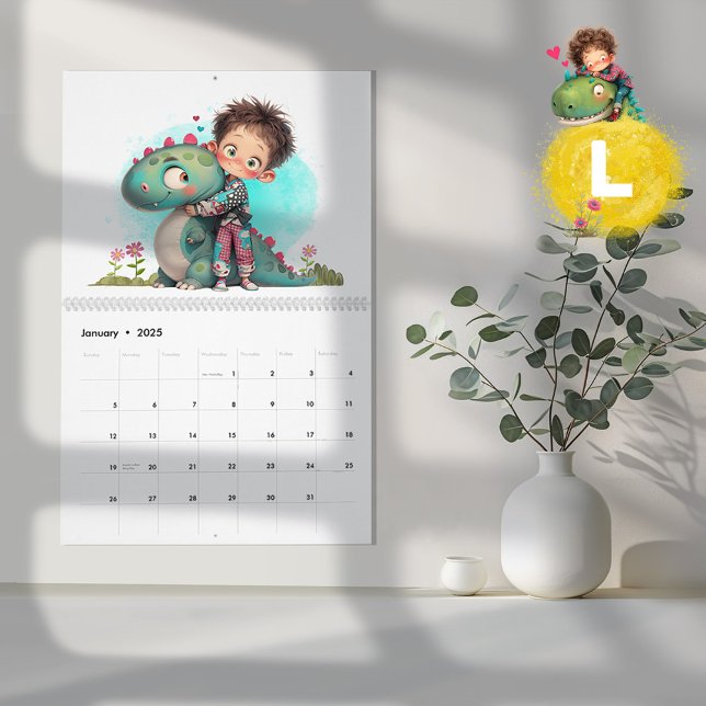 Calendario Personalizado Quirky Boy & Dinosaur (Quirky Boy & Dinosaur Cartoon Calendar - Large)