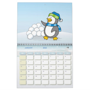 Calendario Pingüino pequeño con bolas de nieve ondeando