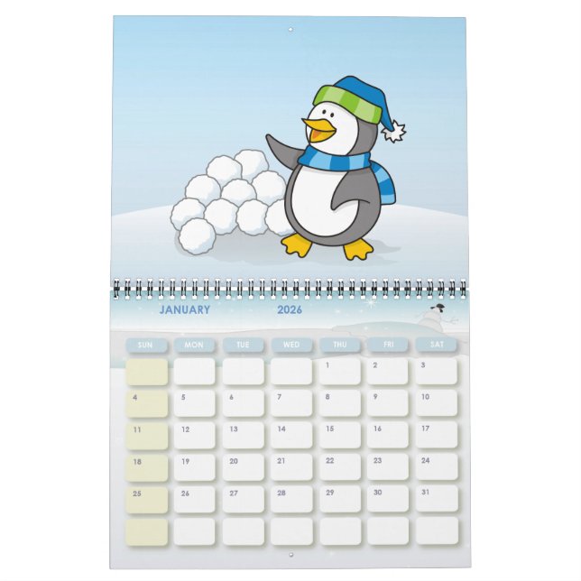Calendario Pingüino pequeño con bolas de nieve ondeando (Jan 2026)