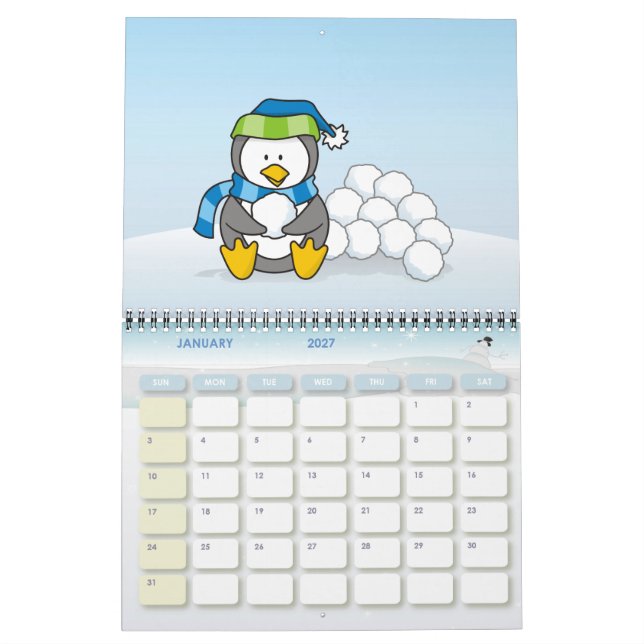 Calendario Pingüino pequeño sentado con bolas de nieve (Jan 2027)