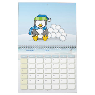 Calendario Pingüino pequeño sentado con bolas de nieve