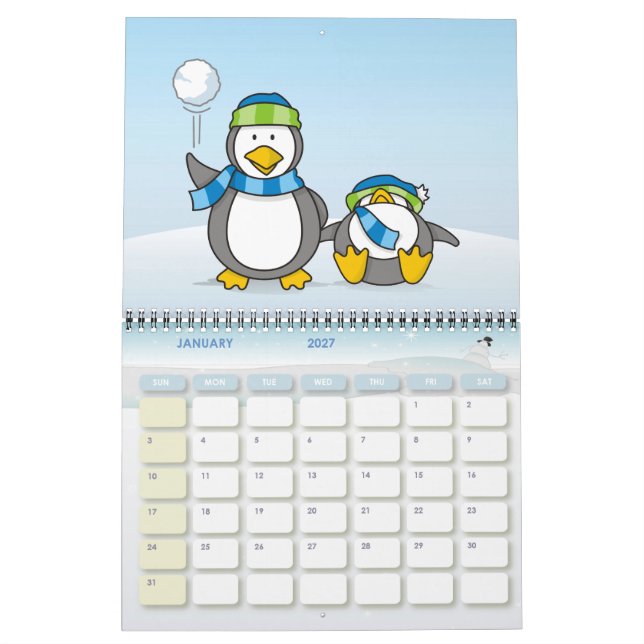 Calendario Pingüinos lanzando bolas de nieve (Jan 2027)