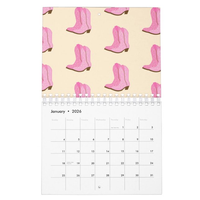 Calendario Pink Cowgirl Cowboy Boots Country Texas Ranch (Jan 2026)