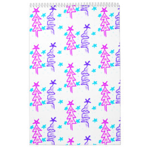 Calendario Pink Purple doodle christmas de árbol estrellas de