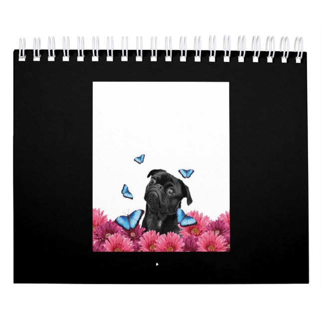 Calendario Pug Negro Con Mariposas Azules Y Gerberas (Tapa)