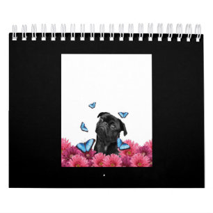 Calendario Pug Negro Con Mariposas Azules Y Gerberas