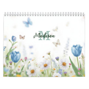 Calendario Ramo silvestre de flores verdes de primavera Monog