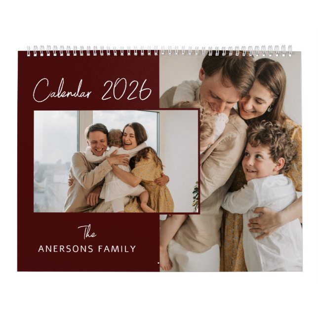 Calendario Red & White Minimalist Aesthetic Family Photo (Tapa)