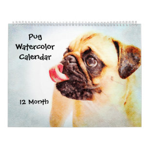 Calendario Regalo de arte acuático de Mascotas de pug pug de 