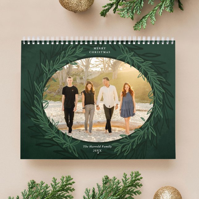 Calendario Regalo de Navidades de fotografía de la guirnalda  (Emerald Green Wreath Photo Christmas Gift Calendar)