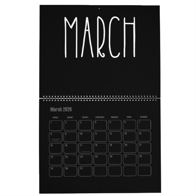 Calendario relleno moderno en blanco y negro (Mar 2026)