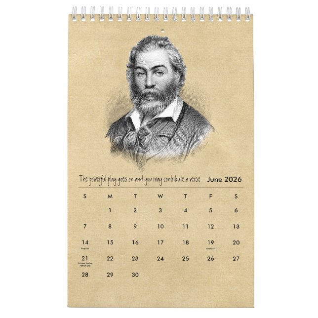 Calendario Retratos de Walt Whitman y poesía (Jun 2026)