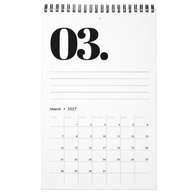 Calendario Retro Minimalista Sin foto Negro y Blanco 2026 (Mar 2027)