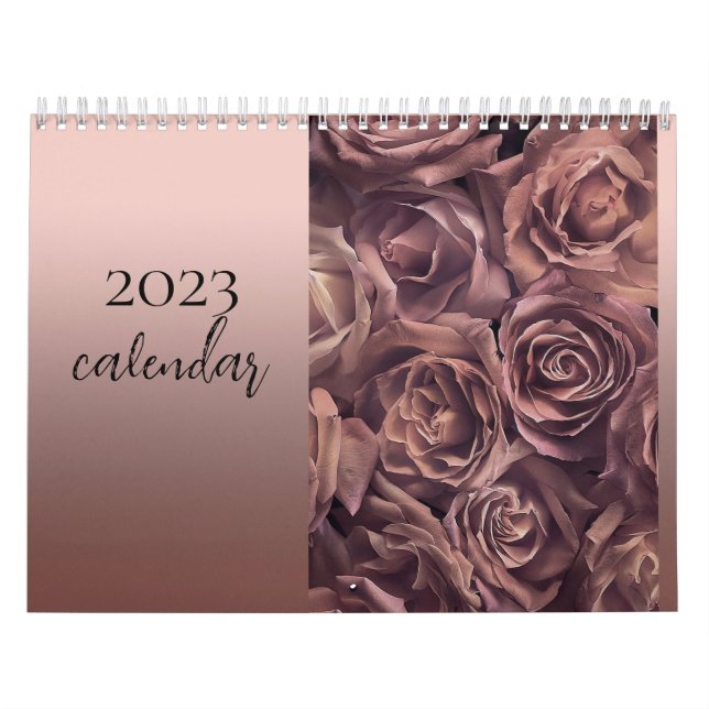 Calendario rosa de moda elegante de moda oro con flores 2023 (Tapa)