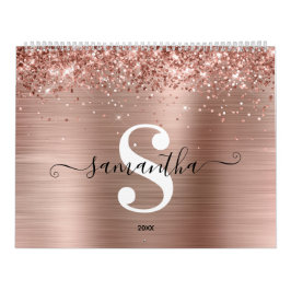 Calendario Rosa Dorado Brillante con Monograma de Firma en Fo