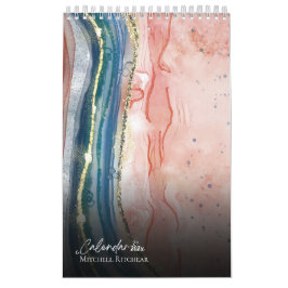 Calendario Rosa personalizado azul oro Marble acuarela Purpur